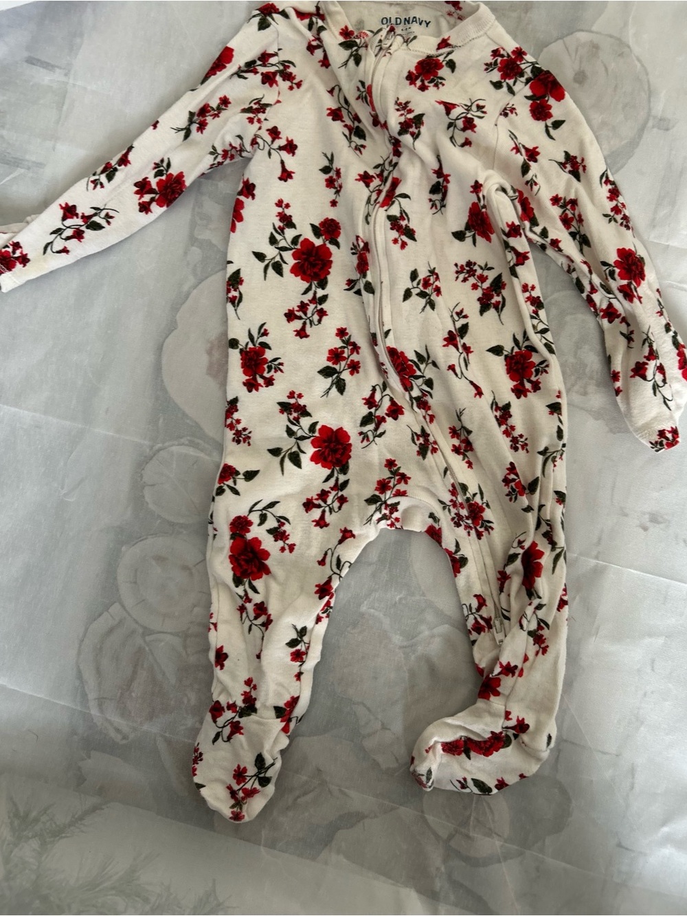 Old Navy Cream One-Piece Footed Romper with Red Floral Print